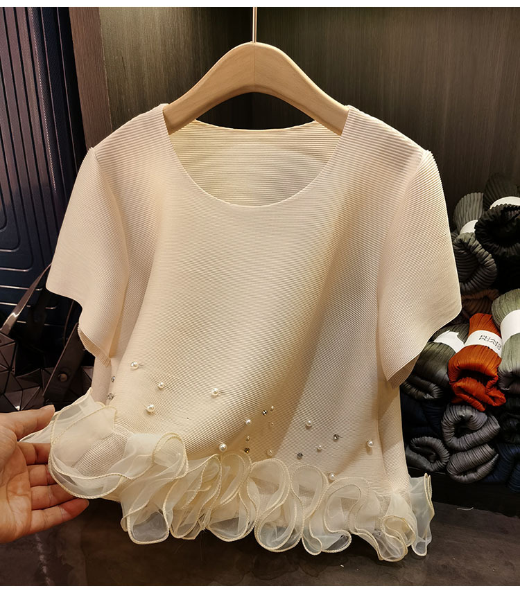 Áo thun tay ngắn cổ tròn xếp ly đính cườm nữ tính mùa hè — Màu đen, Màu hồng, Màu trắng be chi tiết 5