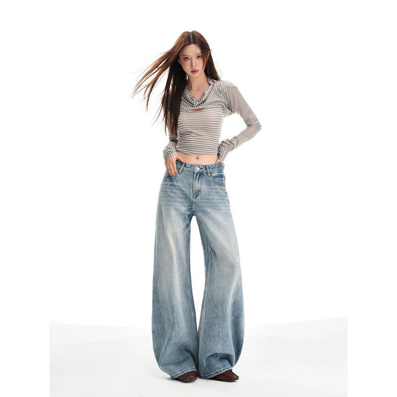 High-Waisted Vintage Blue Wide-Leg Jeans for Tall Women, American Style, Slimming, Loose, Drapey, Floor-Length Pants