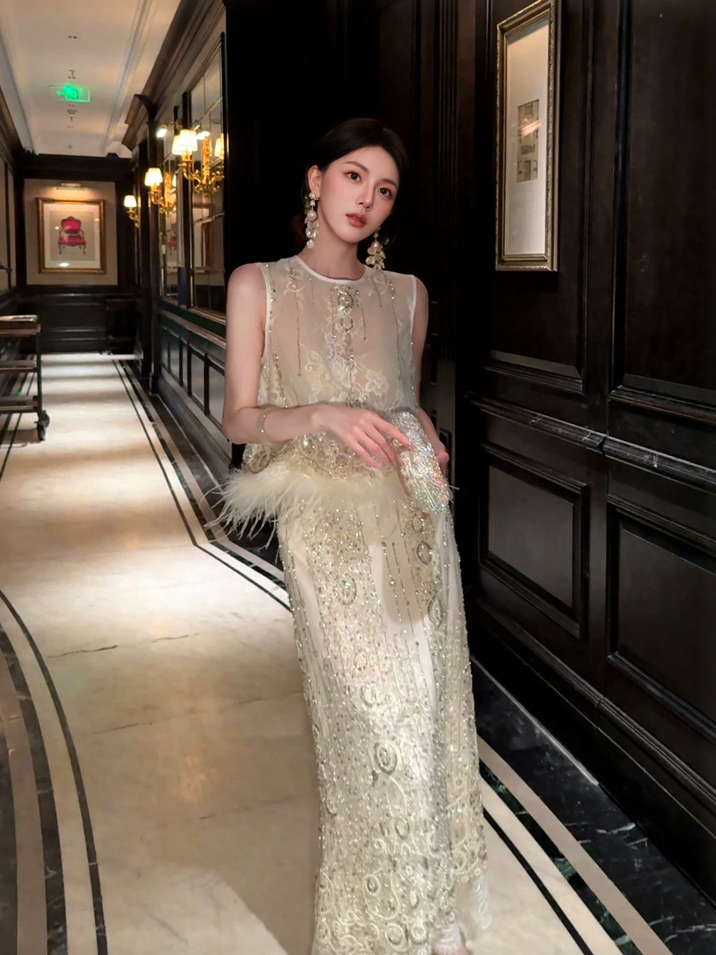 Set áo vest gile và chân váy midi thêu đính cườm phong cách Tân Trung Hoa — bộ đồ, nửa váy, Trang chủ