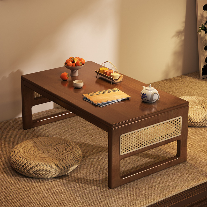 Mesa de té de madera sólida, mesa de té de balcón, mesa de té de nuevo estilo chino de caña, mesa de cang, mesa de tatami para el dormitorio, mesa baja para el hogar.