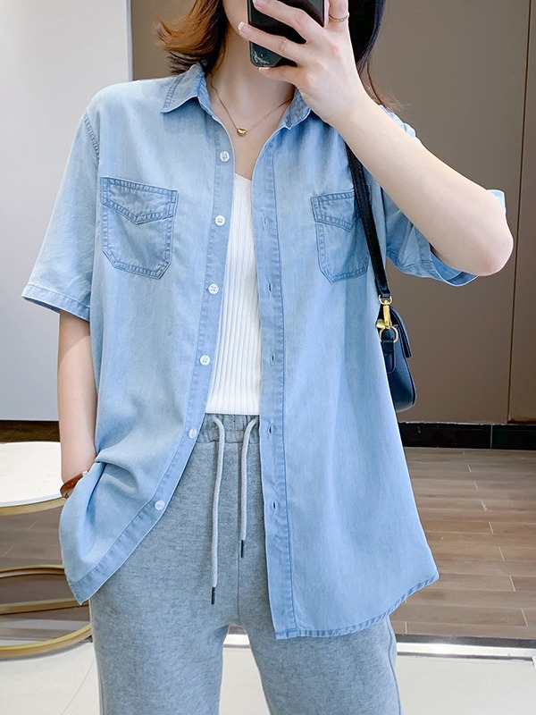 텐셀 데님 셔츠 여성 봄과 여름 새로운 소프트 더링 느슨한 캐주얼 셔츠 한국 스타일 외부 탑