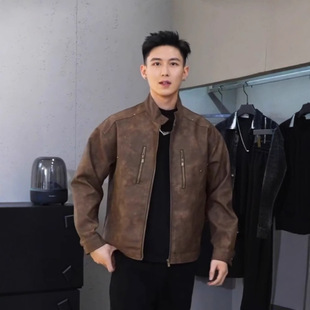 Maillard Leather Jacket Men's Motorcycle Style Spring and Autumn Jacket Trendy Brand Ruffian Handsome American Retro Brown High-end Wallet