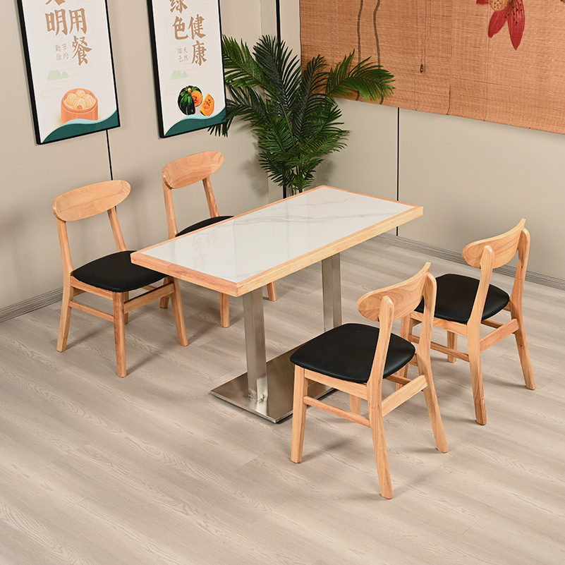Solid Wood Edge Rock Slab Dining Table Simple Style Sofa Hotel Commercial Snack Fast Food Restaurant Staff Canteen Table and Chair Combination