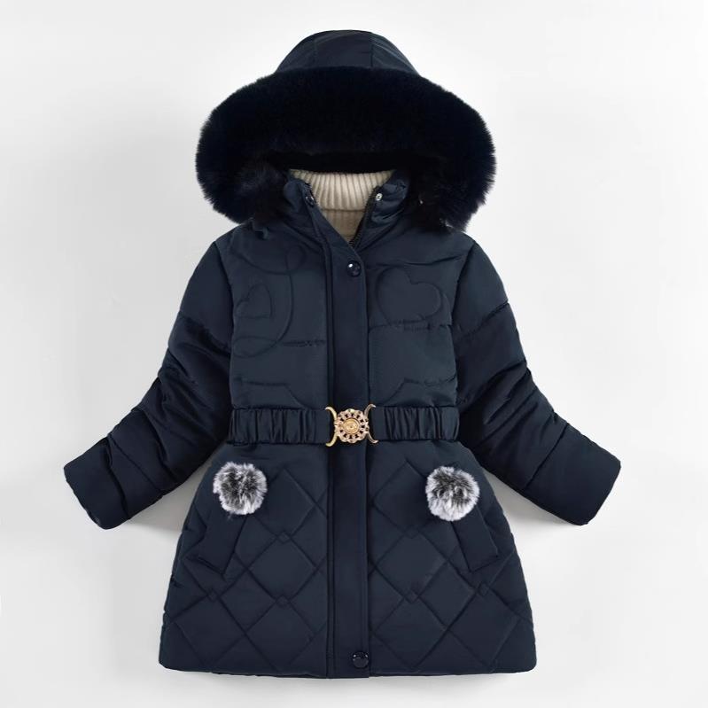 Veste d'hiver mi-longue en coton rembourrée pour fille, style coréen, style occidental, motif losange en forme de cœur, avec col en fourrure_voghion.com