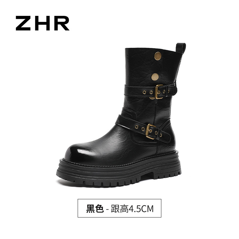 ZHR则则手抓纹金属扣厚底短靴2025秋冬新款增高酷飒百搭骑士靴女|undefined