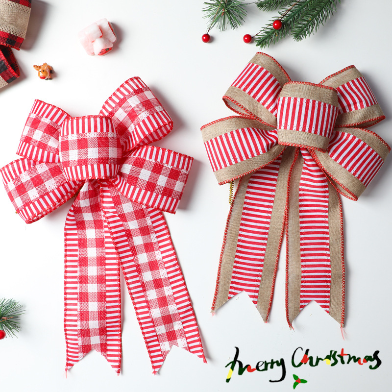 圣诞蝴蝶结格子丝带仿麻布跨境新品仿麻红白格子手工蝴蝶结圣诞树
