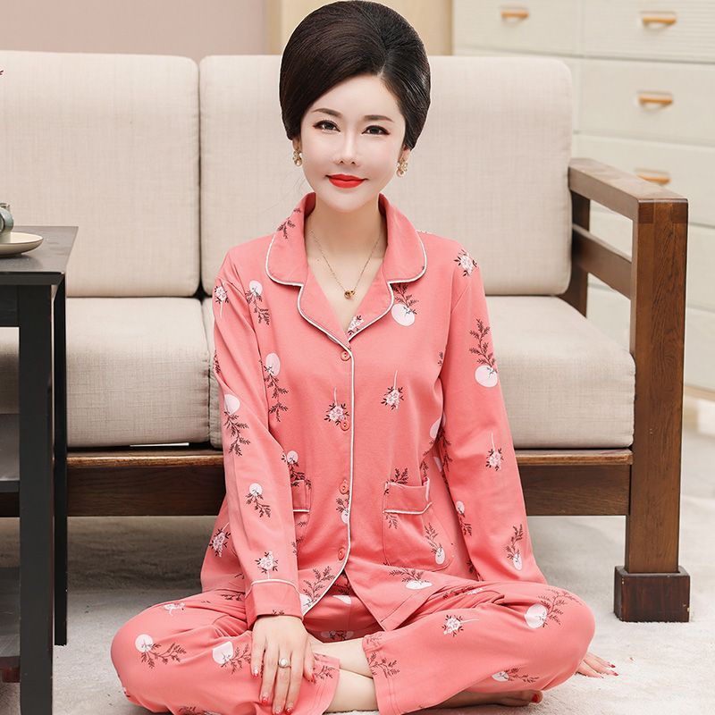 Pijamas de mediana edad y ancianos traje de manga larga de las mujeres sueltas otoño 100% algodón ropa para el hogar más el tamaño mamá primavera e invierno