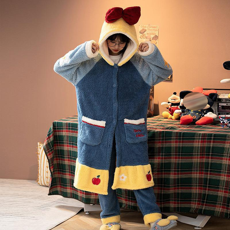 Otoño e Invierno de coral de lana de dibujos animados camisón para las mujeres forrado de lana engrosada homewear camisón franela nieve blanca pijamas traje