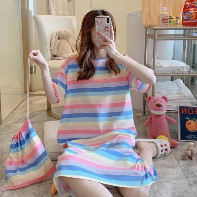 Camisón de las mujeres pijamas de verano Mediados de falda estilo princesa coreana fresca dulce suelta manga corta más tamaño vestido de una pieza con bolsa de tela