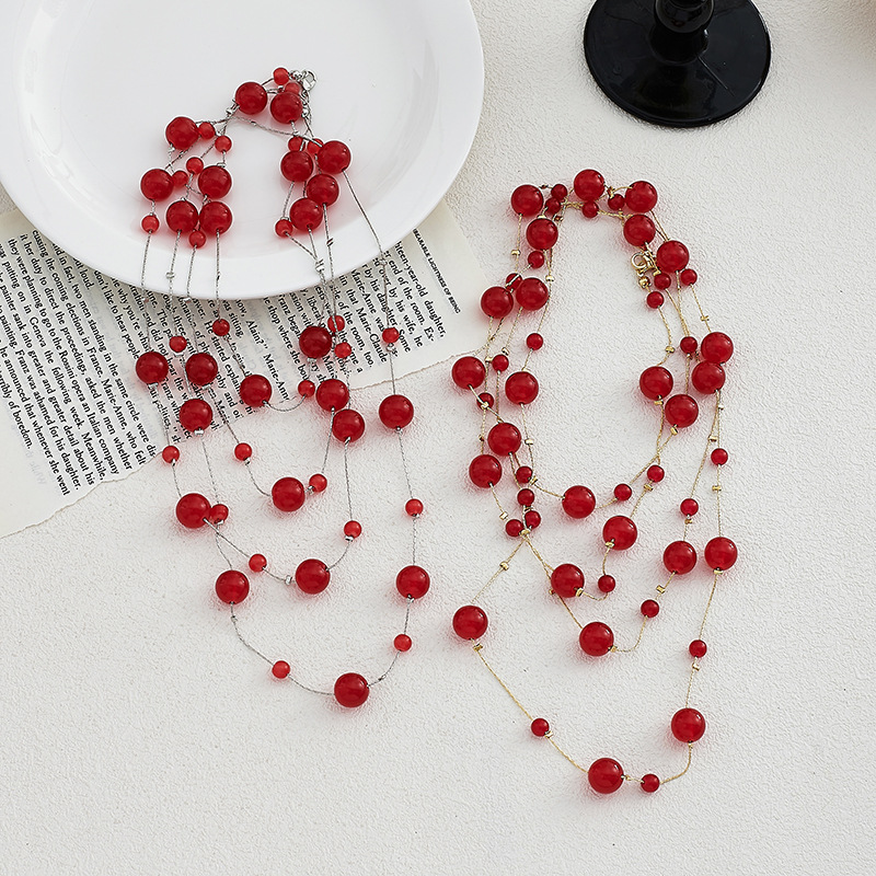 Long Crystal Layered Necklace With Square Beads For Women_voghion.com