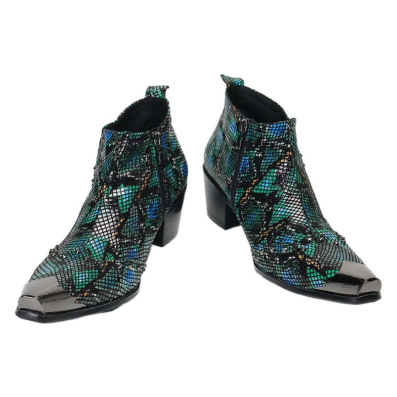 Ботильоны с острым носком Мужские осенне-зимние зеленые эластичные тонкие сапоги на высоком каблуке ботильоны на толстом каблуке французские ботильоны на толстой подошве Увеличение роста