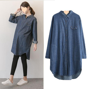 Maternity Wear Spring Suit Fashionable Large Size Denim Shirt Dress Mid-Length Maternity Spring Top Jacket