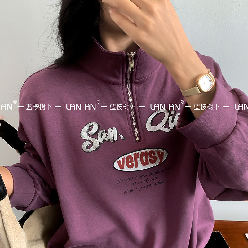 Autumn new autumn double-sided cotton long sleeve letter print zipper stand collar loose sweater drop shoulder style