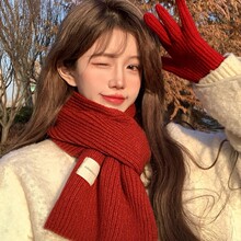 针织毛线围巾女冬季新款韩版百搭保暖本命年红色加厚围脖新年礼物