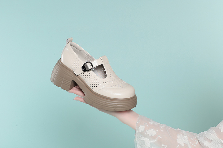 Sandal cao gót đế dày nữ hở mũi, thoáng khí mùa hè, da thật — Màu be chi tiết 4
