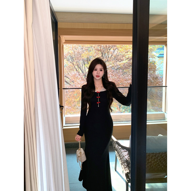 French-style black hollow-out design long-sleeve dress for women, 2026 autumn and winter new high-end long dress