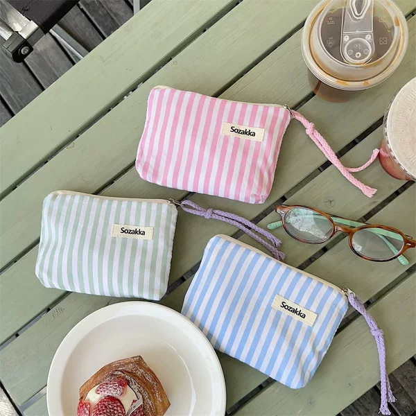 43203 Fresh Striped Lipstick Air Cushion Storage Bag Coin Bag Cosmetic Bag Small Portable Sundries Storage Bag