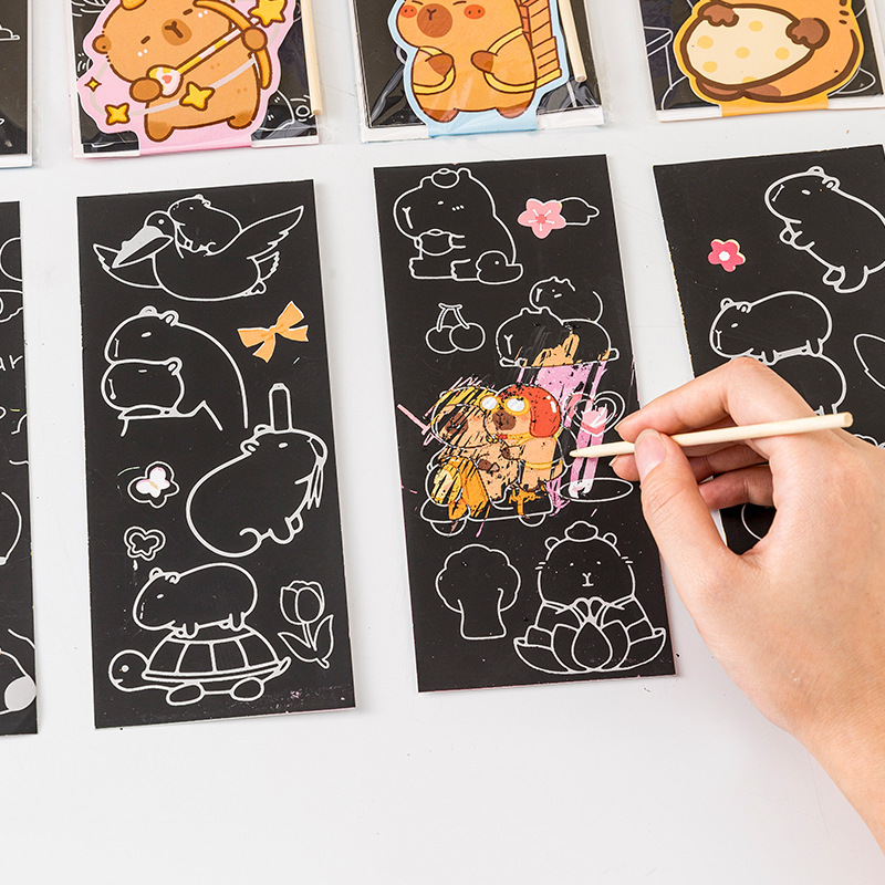 卡通学生趣味涂鸦卡皮巴拉刮刮画儿童diy手工创意刮画本小礼品|undefined