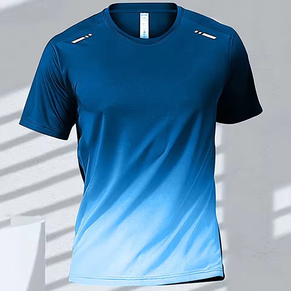 Trend gradiente 3D impresión digital para hombres deportes de verano malla suelta transpirable manga corta cuello redondo camiseta