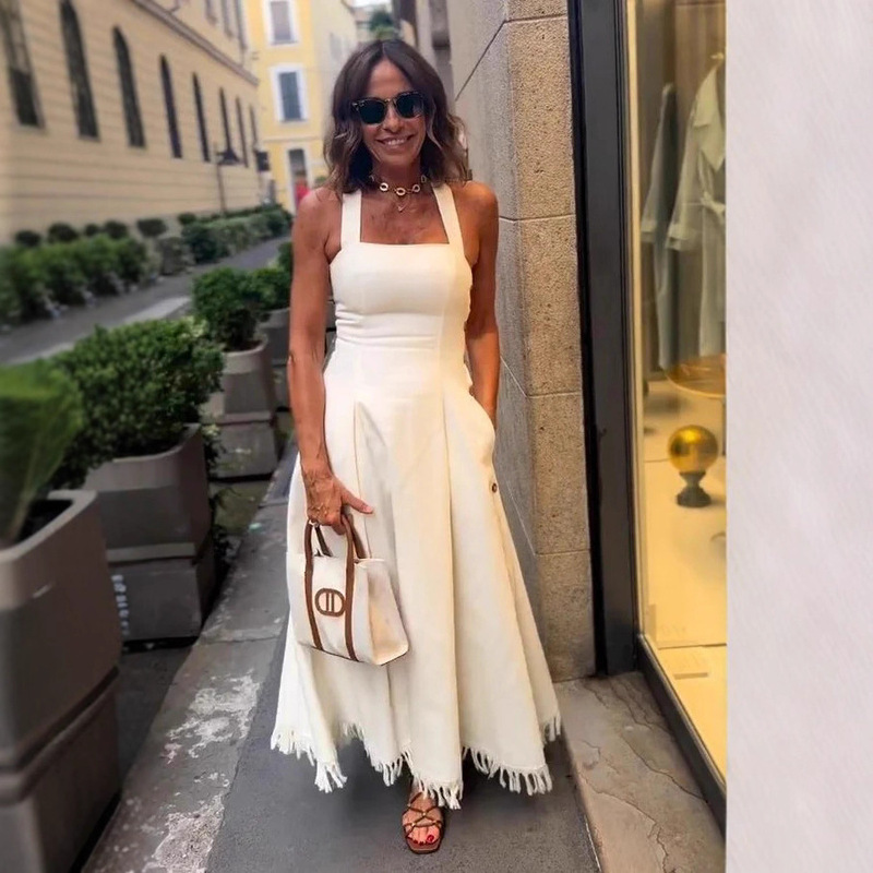 European and American Export New Women's Dress Amazon Sexy Bohemian Style Tassel White Belt European and American Export New Women's Dress Amazon Sexy Bohemian Style Tassel White Belt