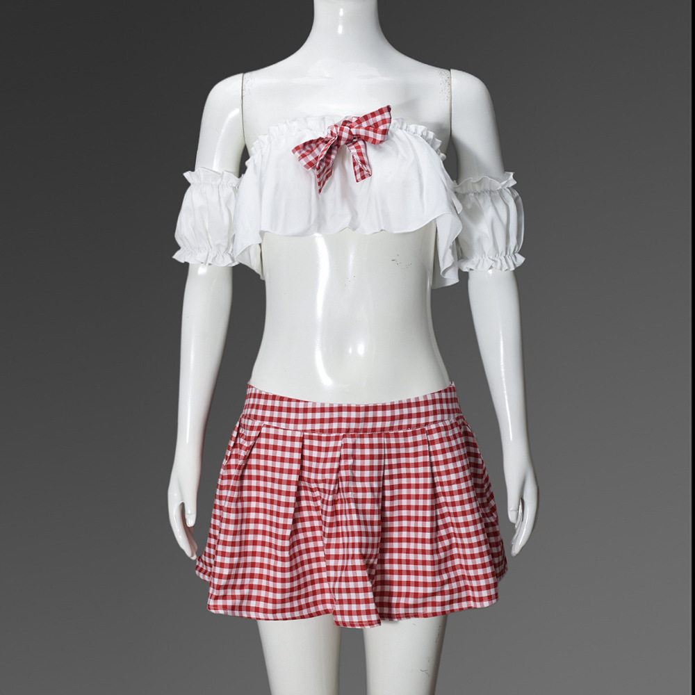 Sexy Cutout Plaid Chest-Wrapped Separated Sleeves Pleated Skirt Women Clothing