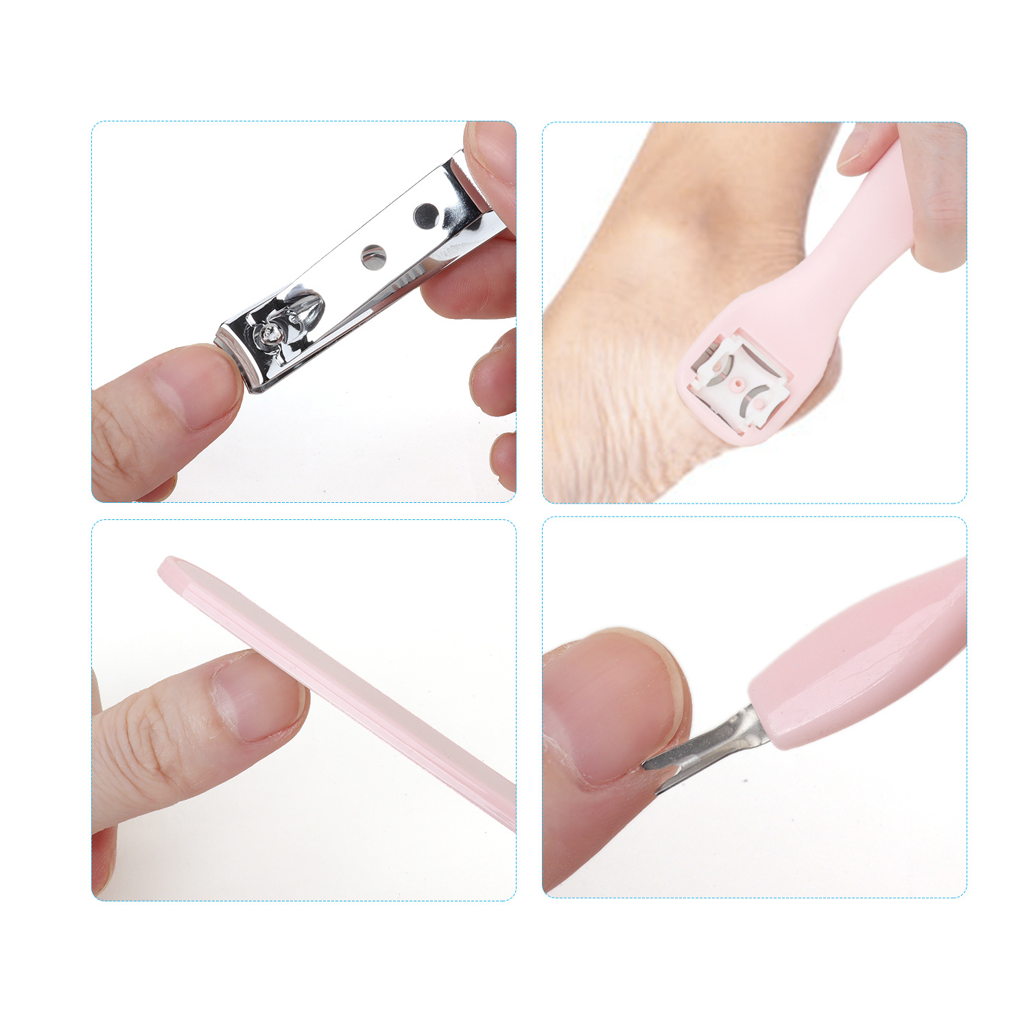 Conjunto de herramientas de pedicura rosa de 8 piezas de archivo de acero inoxidable para eliminar la piel muerta y el callo para el cuidado de los pies.