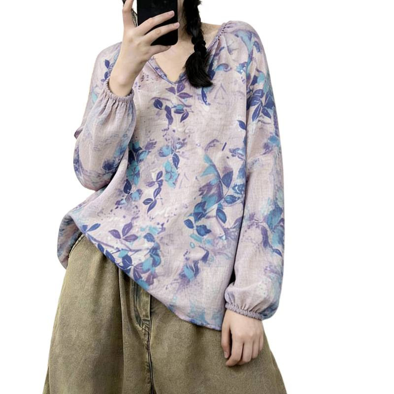 2026 Summer Retro Skull Pattern Round Neck Pullover Loose Woven Cotton Linen Women's Shirt European and American Cross-Border 2026 Summer Retro Skull Pattern Round Neck Pullover Loose Woven Cotton Linen Women's Shirt European and American Cross-Border