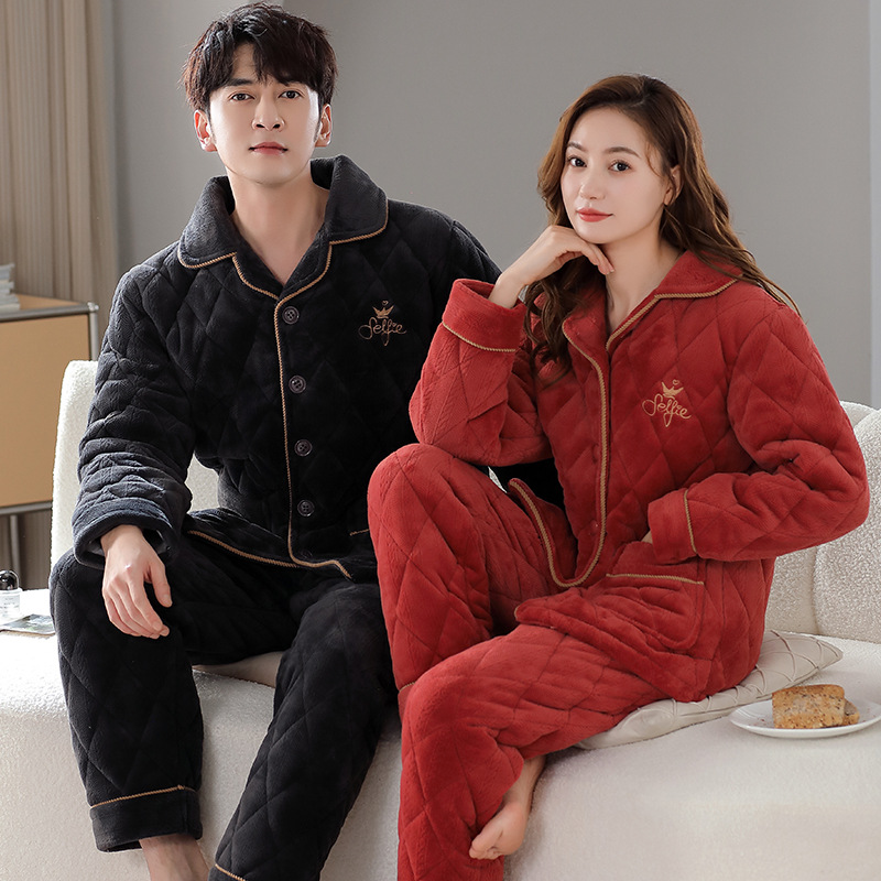 커플 퀼트 파자마 여성의 겨울 산호 양털 따뜻한 겨울 3 층 두꺼운 코튼 패딩 재킷 남자 기모 홈 옷