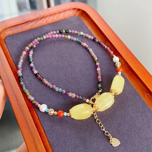 Natural Russian Material Random Clavicle Chain Necklace with Tourmaline Braided Chain Raw Mineral Beeswax Random Necklace