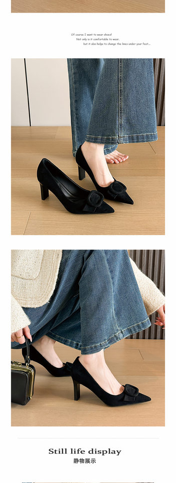 Giày cao gót mũi nhọn gót vuông da lộn, nơ 3D khóa vuông, gót 6–8 cm — Màu kaki, Màu đỏ rượu, Xanh lá cây, màu đen chi tiết 10