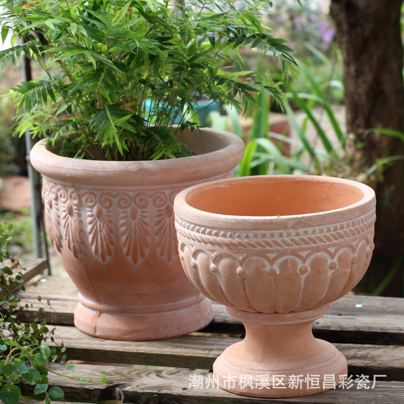 Coarse Pottery Nordic Style Vintage Simple Embossed Red Pottery Breathable Green Plants Flowers Green Plants Potted Plants Living Room Outdoor Creative Red Pottery
