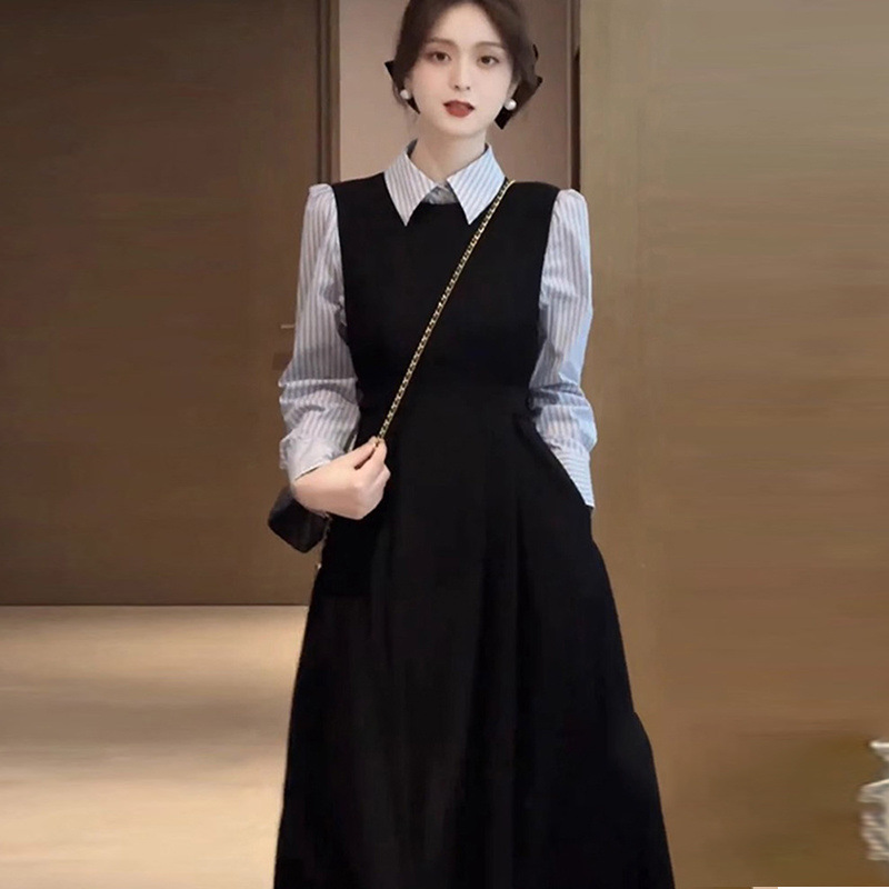 秋の新フレンチヘップバーンスタイルドレス女性の新しいスリムネイビーシャツ気質黒のロングスカート|undefined
