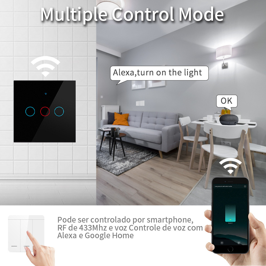 Interruptor Inteligente Tipo 86 de Vidrio Templado WiFi Bluetooth RF433 image 4