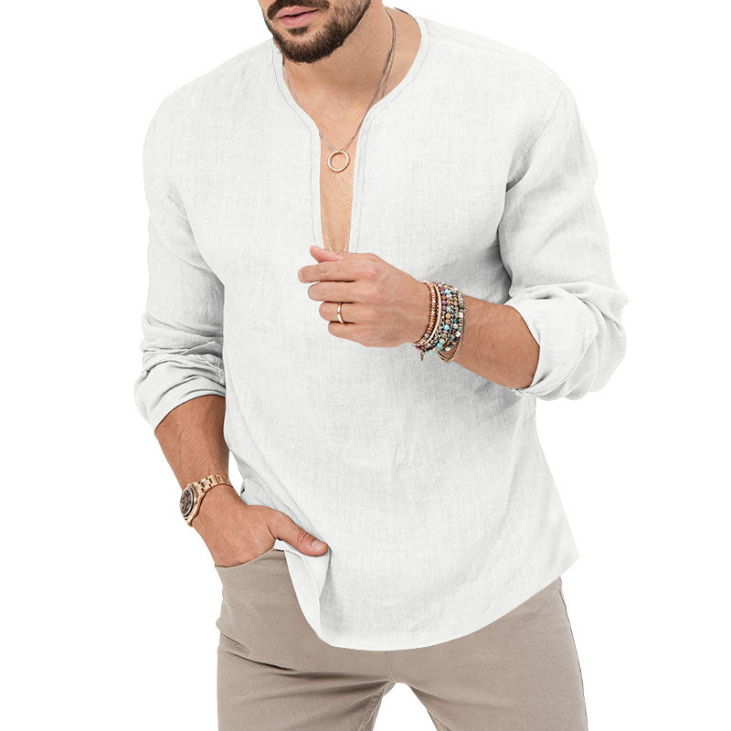 T-shirt homme casual coton lin col en v coupe oversized_voghion.com