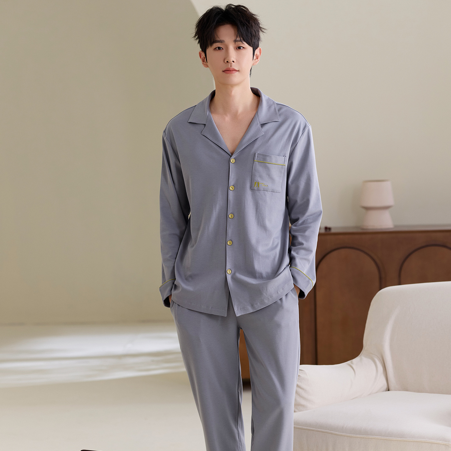 Fashionable Pure Cotton Pajamas for Men, Spring Long-Sleeved Trousers Suit, Casual Loose Large Size Youth Home Clothes