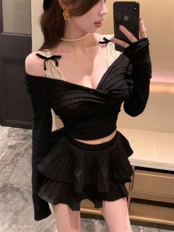 纯欲风假两件蕾丝拼接T恤女春秋季内搭甜辣一字露肩修身短款上衣|undefined