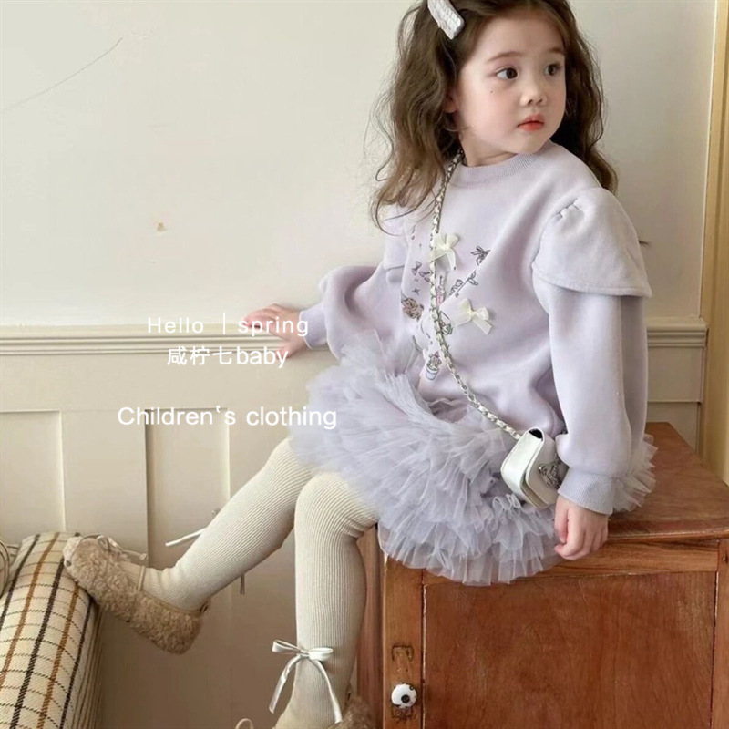 Vestido de niñas otoño y invierno letras extranjeras impresión arco y camisa de lana vestido de malla para niños