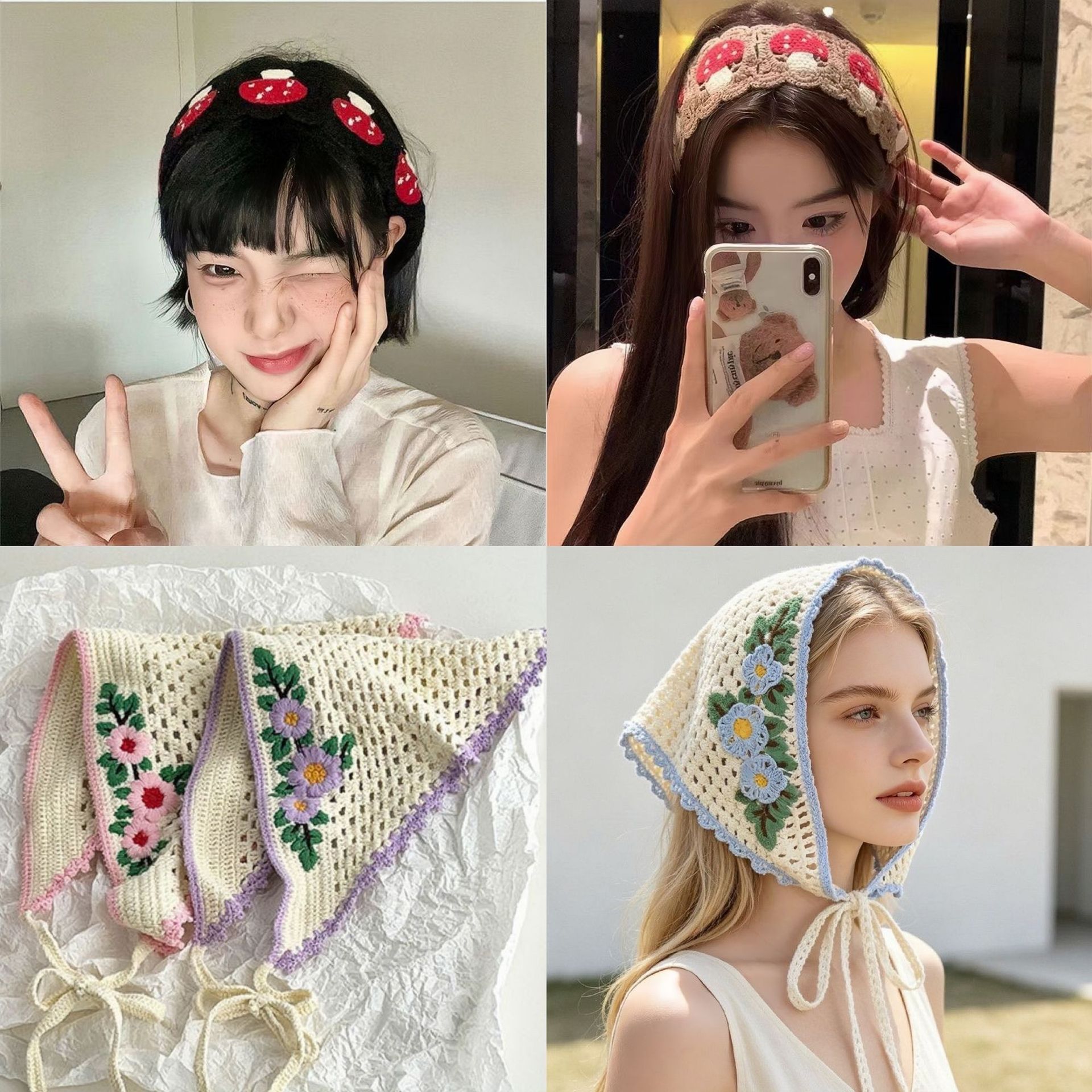 French-style pastoral headscarf for women, new crochet triangle scarf, sweet and cute headwear for outings, handmade knitted headband