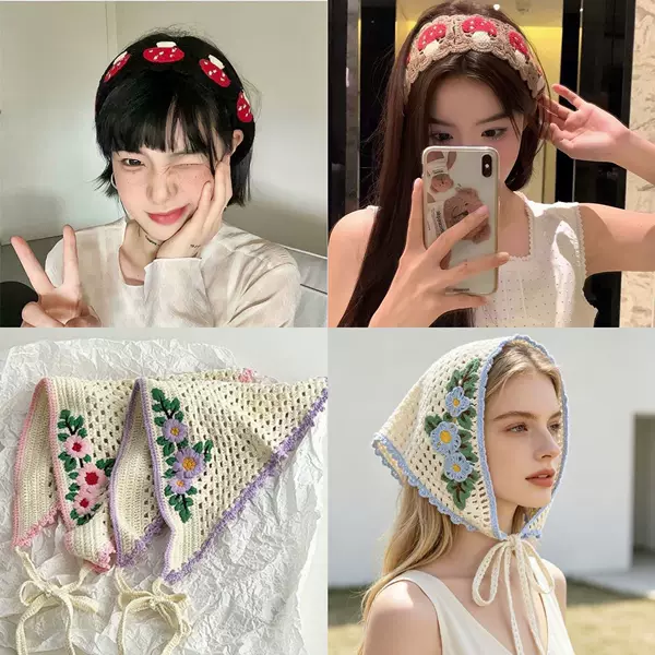French-style pastoral headscarf for women, new crochet triangle scarf, sweet and cute headwear for outings, handmade knitted headband