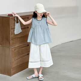 女童韩系穿搭无袖套装中大童夏季新款复古背心上衣阔腿裤两件套潮