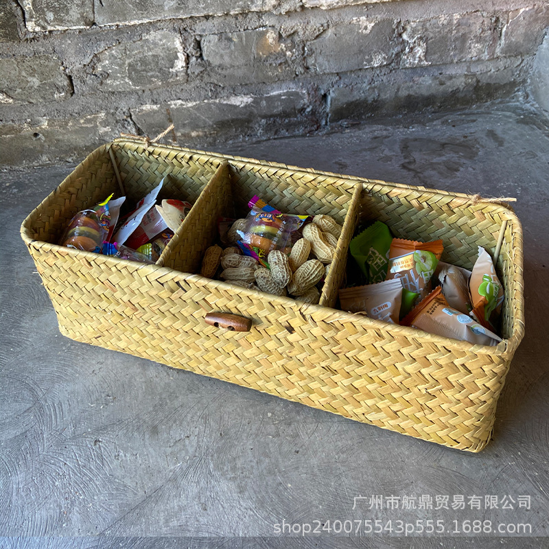 Cestas de almacenamiento de algas de mar tejidas a mano no bambú tejido profundo material tres particiones de almacenamiento tejido tejido canasta de papel al por mayor retro