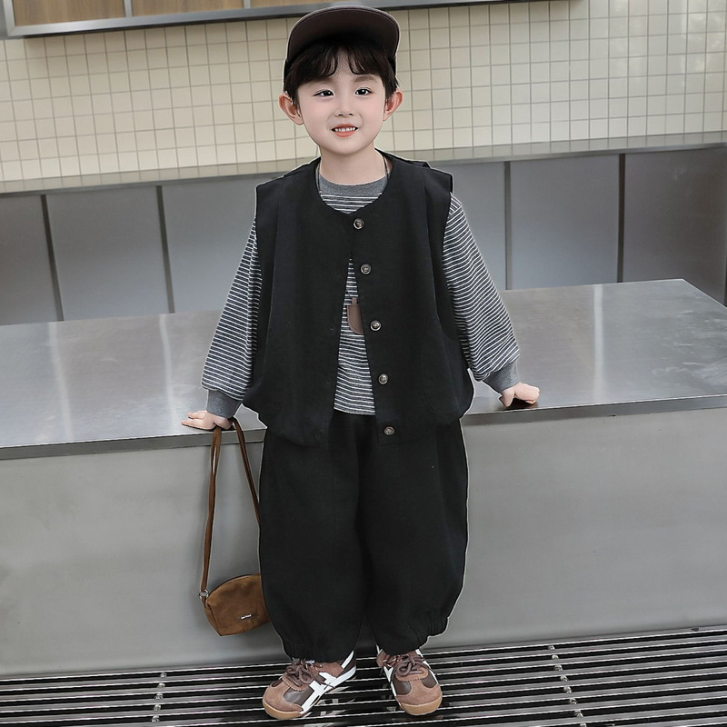 男童秋装套装2025新款儿童帅气时髦宝宝春秋季马甲三件套男孩衣服|undefined