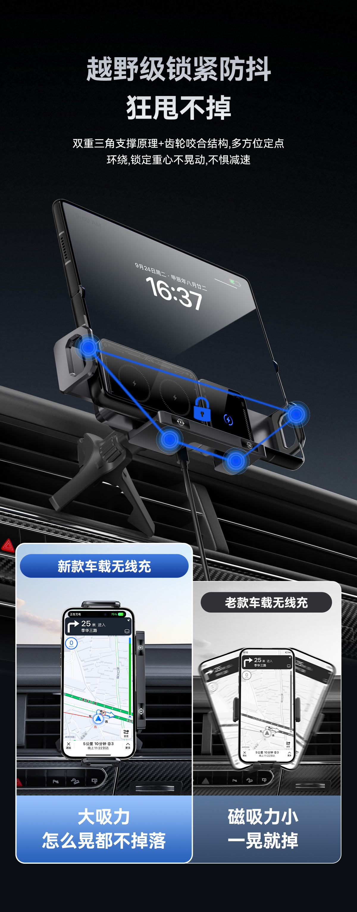 Cross-border folding screen car bracket 15W wireless charging outlet navigation folding screen car mobile phone bracket universal