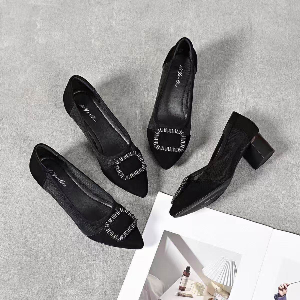 Sandal nữ mũi nhọn chất da, gót thô 3 cm, đế mềm thoáng khí — Đen 3cm chi tiết 9