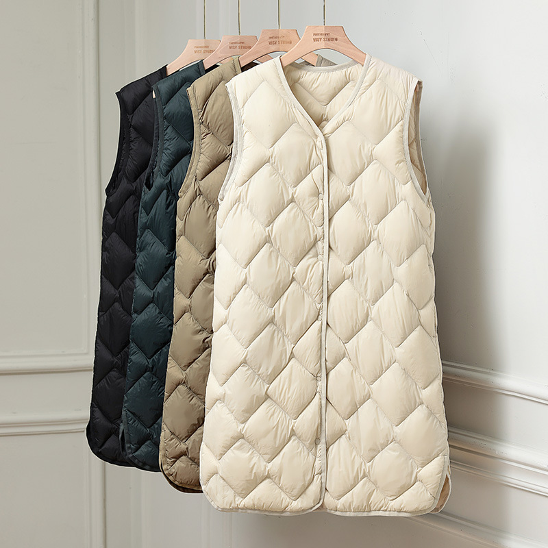Autumn and Winter Mid-length Light Down Vest Women's V-neck Liner Rhombic Light Vest Loose Casual Warm