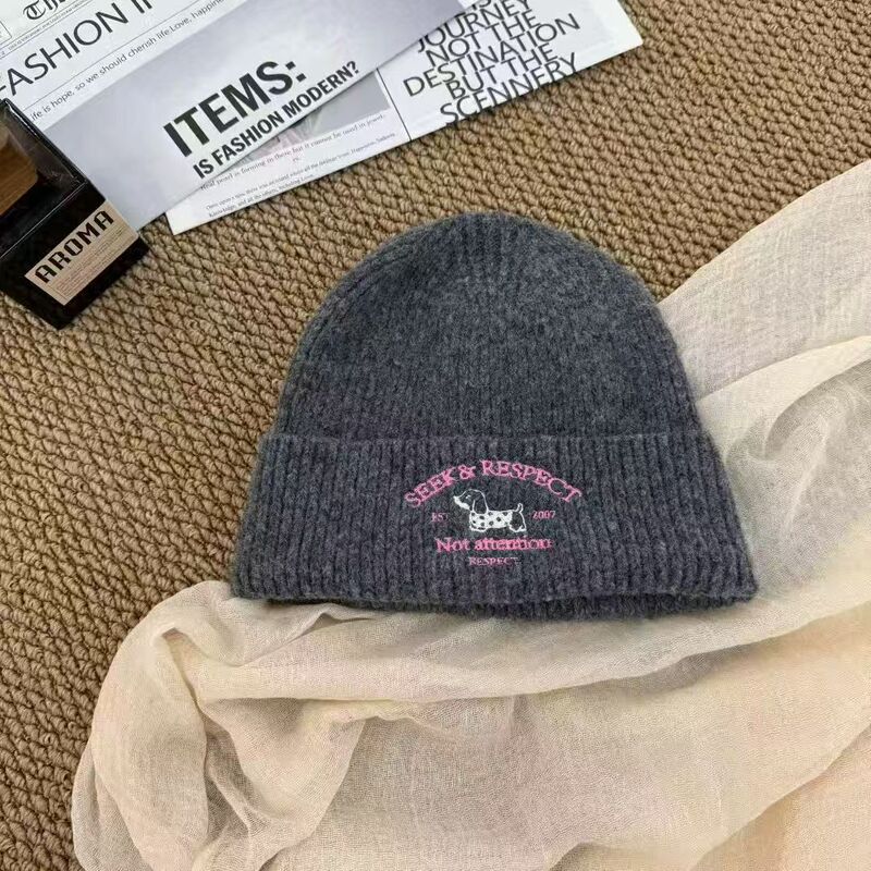 新款韩版简约刺绣小狗针织帽男女加厚保暖秋冬显脸小包头帽潮网红|undefined
