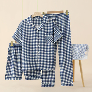 Manufacturer's Ready-Made Pure Cotton Gauze Men's Three-Piece Pajamas Japanese Plaid Summer Thin Short-Sleeved Home Clothes Wholesale