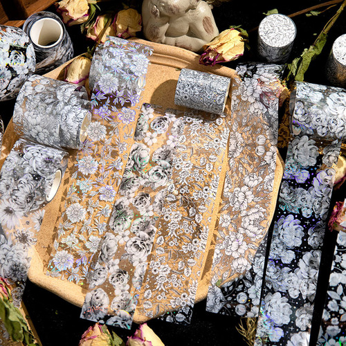 Twilight PET Tape Brocade Flower Series Silver Flower Handbook DIY Decorative Recycling Stickers 8 Types