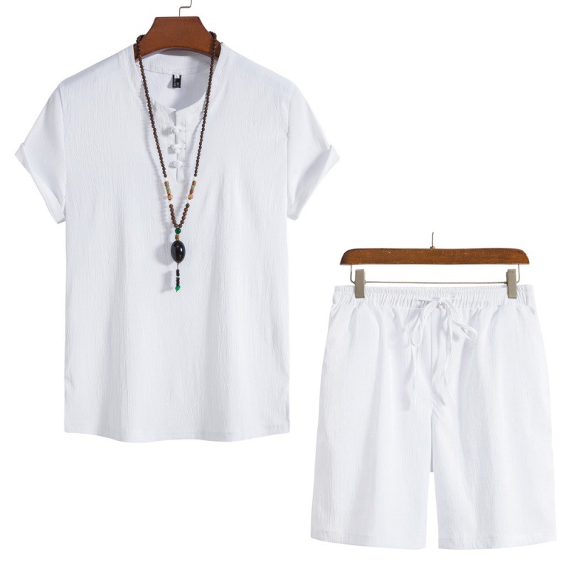 2023 여름 남자의 중국 스타일 반팔 셔츠 단색 비치 바지 반바지 세트 스포츠 남자의 투피스 세트