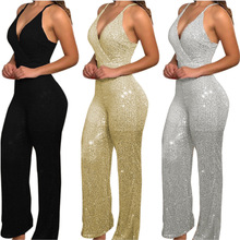 2023热销欧美爆款休闲时尚女装性感紧身吊带亮片v领修身连体裤女